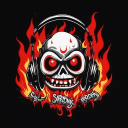 Futuristic block text "SARDONIC HARMONY" in minimalist logo for a rock band inspired by the styles of Ed Big Daddy Roth, graffiti art. sinister, evil marshmallow head caricature with headphones breathing red flames. The background is dark.