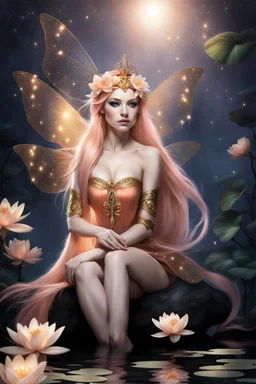 Peach hair , light peach hair, dark,night dark gold,gold,golden,rapunzel hair,dragonflies,water lilies, night,light,,butterflies,elven ears,dark fairy ,night sky,stars,princess,nymph,sparkle,glitter,orchids