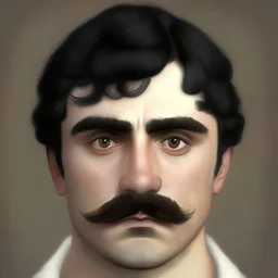 white skin, and his face was round with big round and dark brown eyes, a thick eyebrow, a straight nose, short black hair, and fuzz mustache.