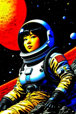 Katsuhiro Otomo, Jim Burns, Surreal, mysterious, strange, fantastical, fantasy, sci-fi, Japanese anime, penguin in a spacesuit on the moon, beautiful girl in a mechanical suit, perfect voluminous body, aiming for Mars next, detailed masterpiece