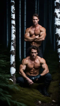 two Handsome and muscular 30 year old shirtless mountain men , dark fantasy, snowy forest