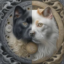 Cat and dog, yin-Yang, hyper detailed, realism, realism vibe, fractals, intricated details, hyper defined, photorealisticù