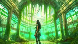 floating alien jellyfish, rampant foliage, and vines, inside a huge vaulted alien building, woman with black hair in a ponytail, in camouflage trousers and jacket, photorealistic, Intricate Detail, sunny day