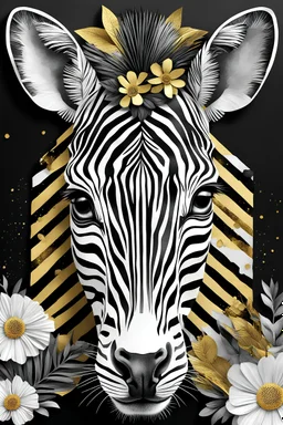 Mixed media representation of a zebra face, paper cutout aquarelle style intertwined with vector graphic flowers in watercolor, black and white horizontal stripes uniform in size, flanked by resin-made golden elements, banner featuring hand-lettered typography and an exact geometric pattern of black and white stripes filling the background, trending on ArtStation with sharp focus, intricate details by Greg Rutkowski, ultra realistic, digital painting., Watercolor, trending on artstation, sharp f