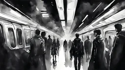 futuristic modern dark night metropolis people in subway. In black and white style watercolor drawing. a lot of black color