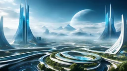 2024. Sci-fi fantasy: high-quality, futuristic image, a cityscape in the year 2050, with advanced technology seamlessly integrated into the architecture and lifestyle of the inhabitants, award-winning photograph, abstract image, beautiful composition, science-fiction, mountains, clouds, clear atmosphere, crisp focus, 35mm lens, adjust perspective