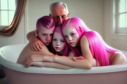 digital art of beautiful young pink hair teenage girls with dad in the bedroom in a bathtub with grandpa hugging bare lips