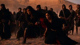 a woman in blood warring black in the desert surrounded by men and women through stones on her.