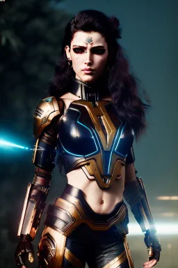 Cyborg warrior, waist up portrait, 8k resolution, intricate details, ornate details, soft lighting, vibrant colors, retroanime, masterpiece, intricate eyeliner, dark eyeshadow, eyes, facepaint, wild hair, intricate tattoos, jungle background