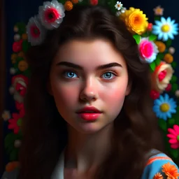 Ultrarrealista: uma pessoa feminina, jovem, olhos perfeitos em tamanho natural, rosto perfeito, leve sorriso para a câmera com enquadramento formato corte americano, flores no cabelo e segurando uma flor, fotografia profissional, iluminação natural, iluminação volumétrica maximalista, foto arte conceitual detalhada, complexa, elegante, expansiva, mais que fantástica!