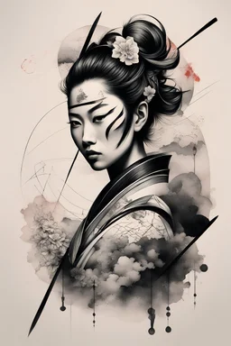 Create a captivating modern 2d ink tattoo design for print , prestigious Divine Samurai using the elegant influences of japan art style, for print, dynamic elements from fashion and design, and bold Japanese contemporary art aesthetics, framing centered in the center, distanced from the edges of the paper perimeter, perfect anatomy, bauhaus, Divine Proportion,