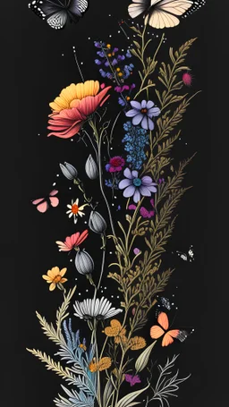 colorful, wildflowers and butterflies on pale black space paper, very detailed illustration, sketch, concept art, ink outlines, smooth