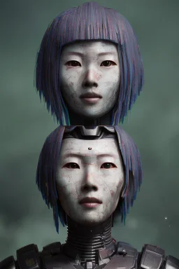 japan head portrait, warrior armor , village, meditation, woods, galaxy sky, 8k quality , portrait,beautiful robotic ,ghost in the shell , post-apocalyptic in a cyberpunk city, realistic, intriacte detail, sci-fi fantasy style, volumetric lighting,24mm , particales,highly detailed,cinematic, deep purple , green eyes .