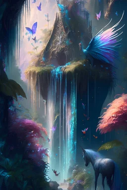 Phantasy landscape.Paradise hauntedgarden, unicorn, bright magic art, splash art, high quality, 8k, digital painting, glitter, waterfall, greenery, butterflies, birds of paradise, gnome's house, trending on artstation, sharp focus, studio photo, intricate details, highly detailed, by greg rutkowski