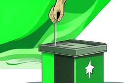 Make a illustration in which a Pakistani casting his voter and show his thumb with ink and also show the ECP Pakistan ballot box. In the background show the Pakistan flag