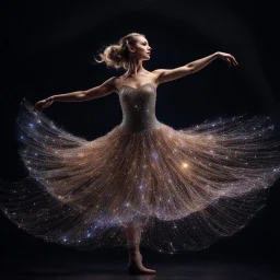 A beautiful divine magical ballet dancer that is wearing a sparkling, glittery dress, luminous and lights with a divine shine and sparkle in the dark twisted night. Dreamy and magical! Breathtaking beauty. Intricately detailed twirl of sparkles that shines and is made of outofworldly materials. Sparkling Magical vibe! Sparkles! Masterpiece! Rad lighting