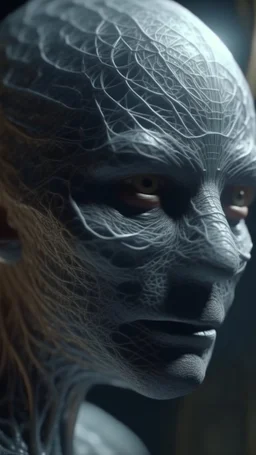 A hyperrealistic shot of an alien head out of a spider web, intricate details, soft natural light, screen captured from 4K Blu-ray