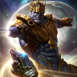 A creature with a combination of eagle and human head God-like man with infinite power who owns the galaxies and wears a beautiful crown with thanos Infinity Gauntlet