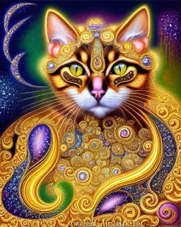 Cat , 500 x 500 pixels, glitter gold, extremely detailed fractal , fractal gems, fractal crystals, gold glitter, imperial colors ,digital oil painting , detailed art illustration, vibrant, cinematic, ornate, luxury, 8K polished in the style of Josephine Wall, Brian Froud.Thomas Kinkade