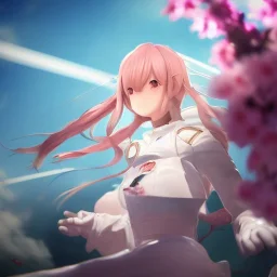 Azur Lane Warship Commander , masterpiece, god lights,god rays,Chiaroscuro Lighting,tilt shift,lens flare, anamorphic and spherical lens,4k 3D,pink cherry blossom,white short hair,blue eyes,500ASA,effect colour,chiaroscuro effects in light and shading,Caravaggio's Technique