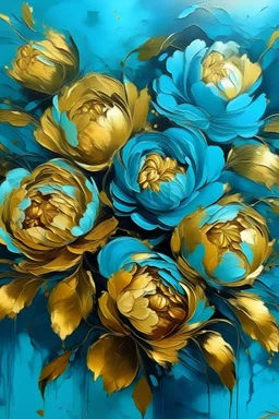 painting of turquoise Peonies flowers with gold flowers in center of canvas blue background