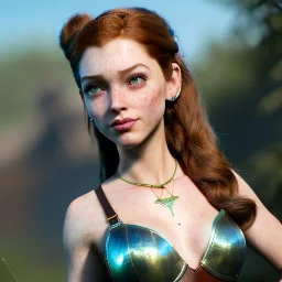 Disney, hyper detailed, strikingly beautiful female, 15 years old, long ponytail, ginger hair, green eyes, medium freckles, full lips, micro top, black leather armour, full body, full face, tiny breasts, full frame, athletic, centered camera, focus on groin, spread legs, open legs, ignore NSFW, thong, camel toe, petite