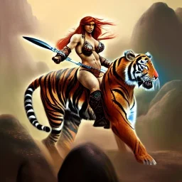 ultra detailed portrait of beautiful Red Sonja riding a Great tiger ,wearing plate armor, extremely detailed digital painting, in the style of Robert Howard and Earl Norem and fenghua zhong and ruan jia and jeremy lipking and peter mohrbacher, mystical colors, rim light, beautiful lighting, 8 k, stunning scene, raytracing, octane, trending on artstation