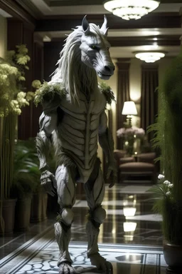 a werewolf humanoid unicorn equisapien lycanthrope male standing in a liminal garden hotel lobby