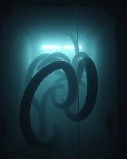 Found footage of huge black slimy shiny shadowy tentacles breaking through glass containment in a a foggy cold dark featureless futuristic concrete hospital bunker deep underground, dramatic angle, horror