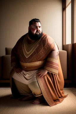 close up photography of a Burly arab 26 year old stocky short chubby man on his knees, short beard, dressed in an brown economic traditional caftan with pants and sandals, photorealistic, ambient occlusion, in a simple living room, ambient occlusion, side view from the bottom