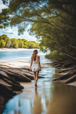 beautiful girl walking to camera in trees next to wavy river with clear water and nice sands in floor