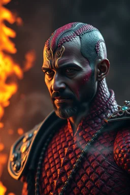 Sundar Pichai, in red skin, scales, unreal engine 6, high detail, intricate, cinematic. photoshoot style, intricate, studio lighting, Fire, smoke, masterpiece , highly detailed, 8k, best quality, dramatic,d,<lora:mshn:0.7>,<lyco:Warrior_Couture:0.5>,