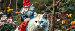 close up portrait of blue and red clothed gnome riding white furred lynx cat in garden of eden in the style of Escher and Giger