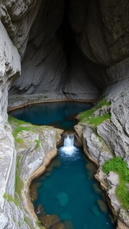 in side a mountain access to an underground water lake and small waterfalls