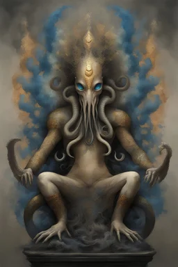 (ivory, black, anthracite, blue, gold) shiva statue ethereal colorful smoke and particle effects in the background. otherworldly gold and ivory mosaic on a octopus xenomorph statue, ultrafine details, intricate definition, deconstructivism, sgraffito. by Lone Skov Madsen and Eric Lacombe, Brian Froud. Surrealism, in fog, light particle effects in the middle ground. ray tracing, rtx on, photo realistic