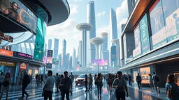 Here is a shortened prompt for an AI image generation of an "Imagination of 2080 year modern city center with some people and city escape at background": "A futuristic scene depicting the bustling heart of a 2080 city center. The foreground features a diverse array of photorealistic individuals engaged with innovative, tech-enhanced elements - holographic displays, autonomous transportation, immersive public art. In the background, a panoramic vista of the larger city skyline - towering organi