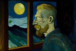 Portrait Van Gogh 3/4 the face looking at the moon through the window