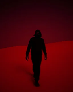 A grainy blurry photograph of the silhouette of man walking in an orange desert at night, he is wearing black and his head covered with cloth, grainy motion blur photo, dark red sky, he walks towards camera, close up shot, low angle, high contrast, night time, grain film, shot on Hasselblad medium format Kodak Portra 400D, by beksinski