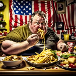 patriotic repulican fat american eating fries in his super messy kitchen HD