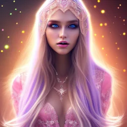beautiful, soft, smiling face, whole head, long straight blonde hair blues eyes, crown on the head, clothing in transparent bluish and pink veil, background brillante bluish and pink, hight definition, 8K