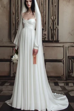 A very long wedding dress similar to Greek dresses with long black hair Photorealistic