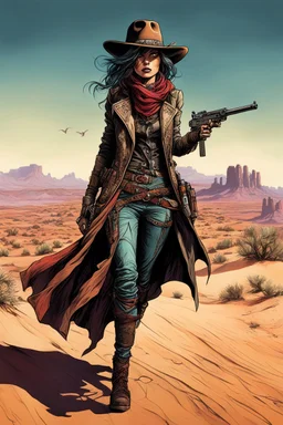 highly detailed full body concept illustration of an altered reality Wild West female anti heroine gunslinger in the desert Southwest , maximalist, sharp focus, finely detailed facial features, highest resolution, in the styles of Alex Pardee, Denis Forkas , and Masahiro Ito, boldly inked, 8k, coarse, gritty textures