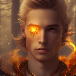 Male, Human, Blond, Sorcerer, Fire Mage, Golden Eyes, Young, Photorealism, Full Body Shot, Forest Background