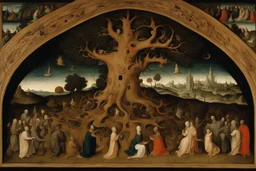 gnarled and twisted tree of life with faces and bodies in the trunk, deep colour, Hieronymus Bosch