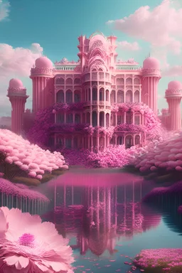 A very large palace made of flowers with a pink river