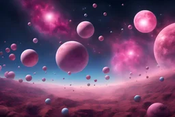 tante stelle grandi di colore rosa che vanno verso l'alto su uno sfondo di cielo blu con pianeti