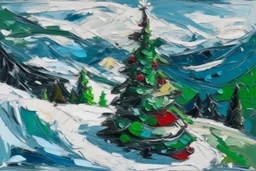 Christmas tree on a snow covered mountainside in the style of Frank Auerbach