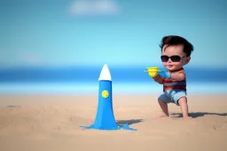 Toddler Elon Musk building a tall skinny space rocketShip sandcastle on the beach, Blue shovel, plastic bucket, sunglass