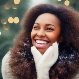 black woman with brown eyes, perfect smile, and brown coily hair walking in winter wonderland