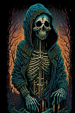 a detailed image of a skeleton wearing a hoodie, inspired by Dan Mumford, sots art, mother of all decks, barren earth, heavy metal magazine cover, set back dead colors, priestess of the damned, disposal mummy, tshirt design, greg rutkowski detailed, teaser